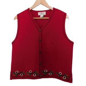 Vintage Suttons Boiled Wool Sweater Vest Embroidered Button Red Size Medium